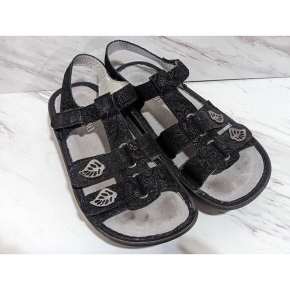 Alegria Women's Black Floral Embossed Straps Open Toe Leather Sandal Size 37 - Picture 5 of 9
